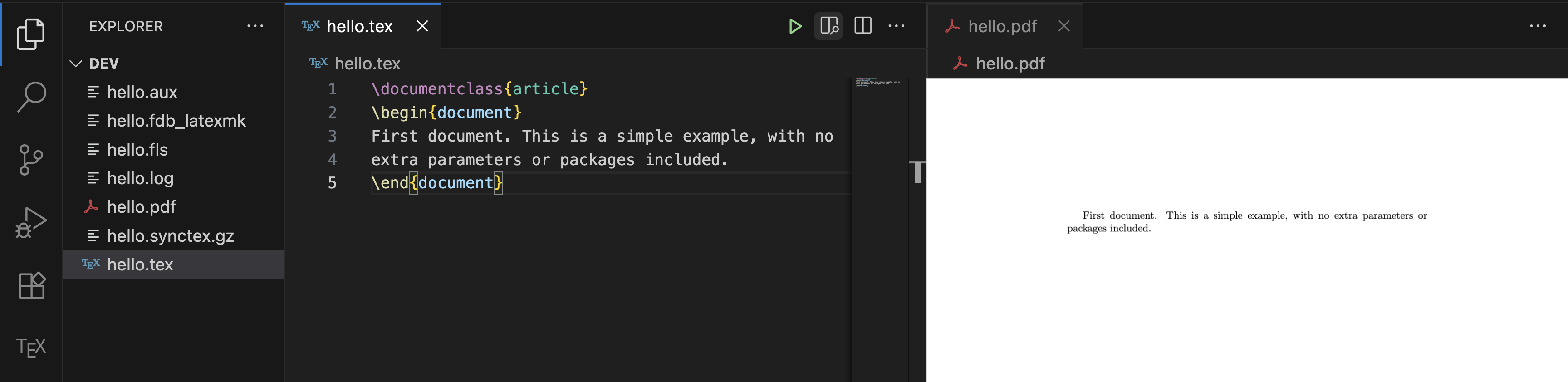 Screenshot of the simple tex file with its compiled PDF opened side-by-side