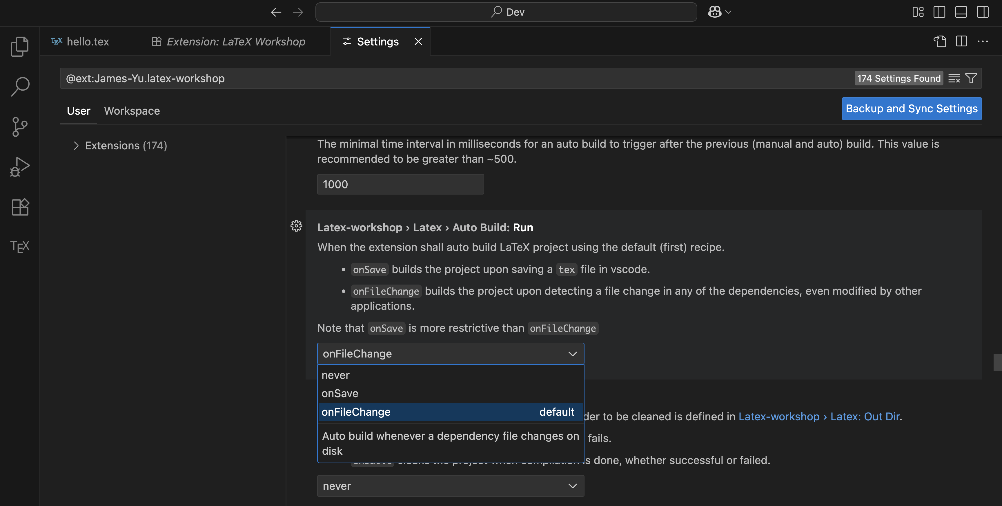 Screenshot of LaTeX Workshop Setting on Auto Build