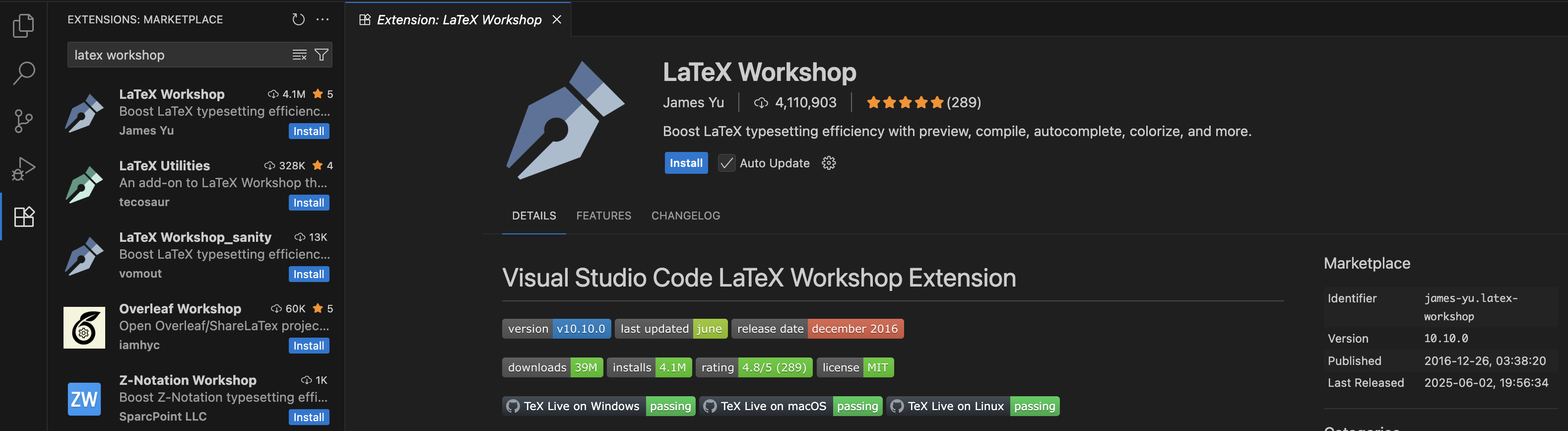 Screenshot of LaTeX Workshop shown in VS Code's Extension Marketplace