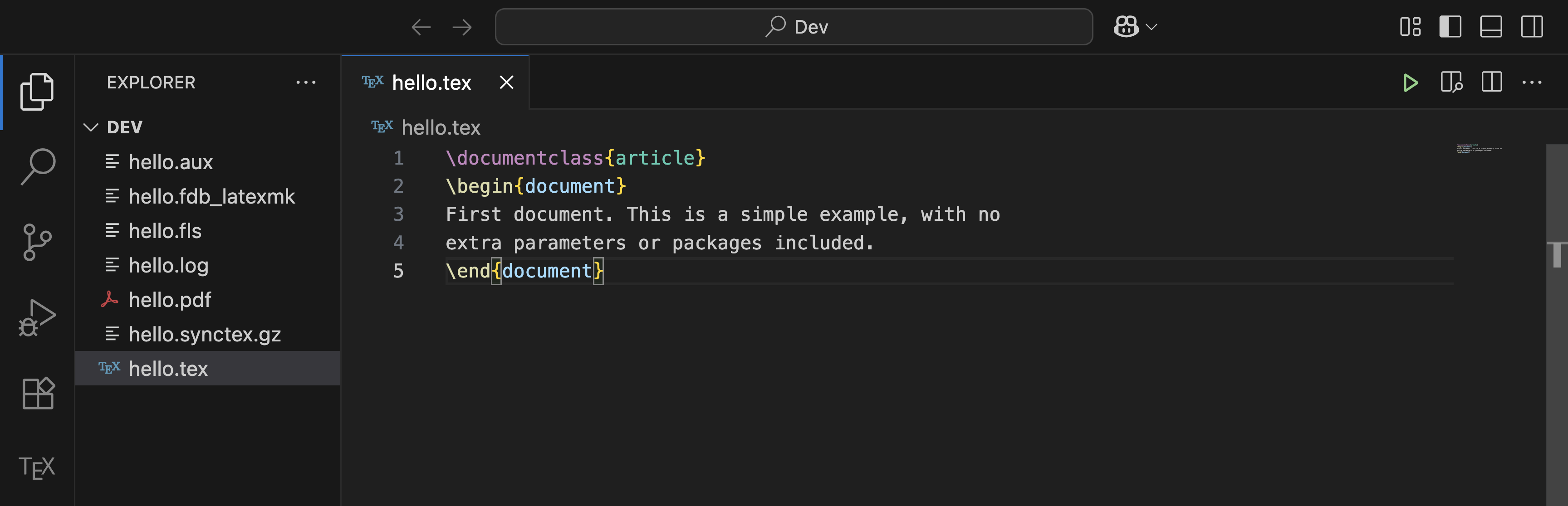 Screenshot of a simple tex file created on VS Code after saving
