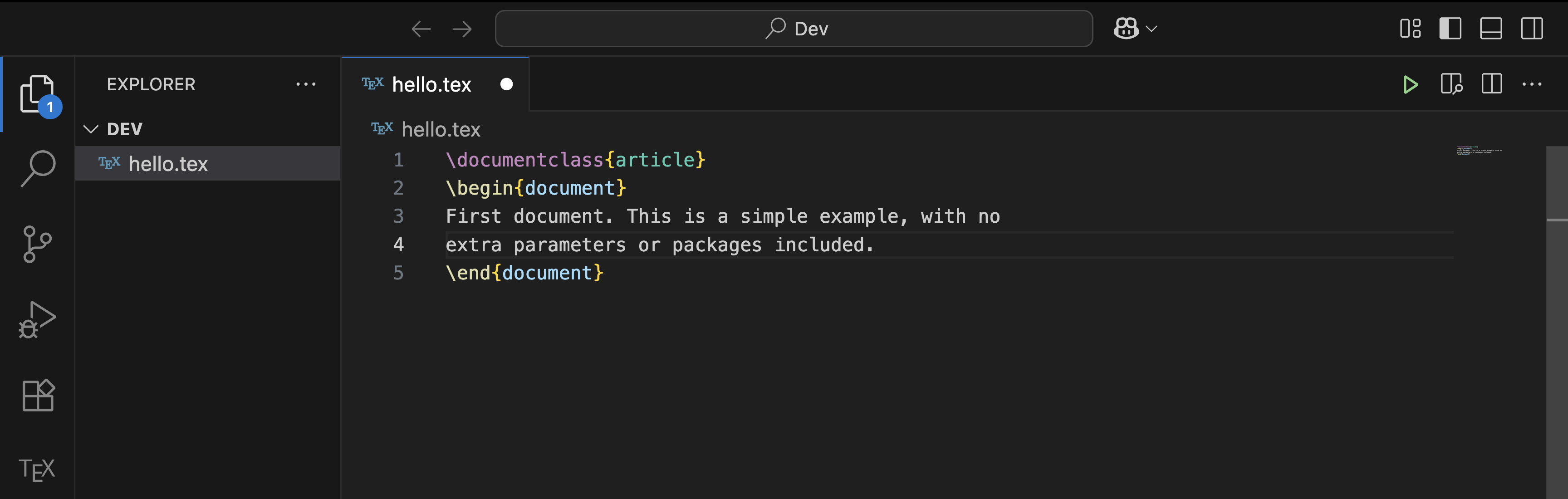 Screenshot of a simple tex file created on VS Code before saving