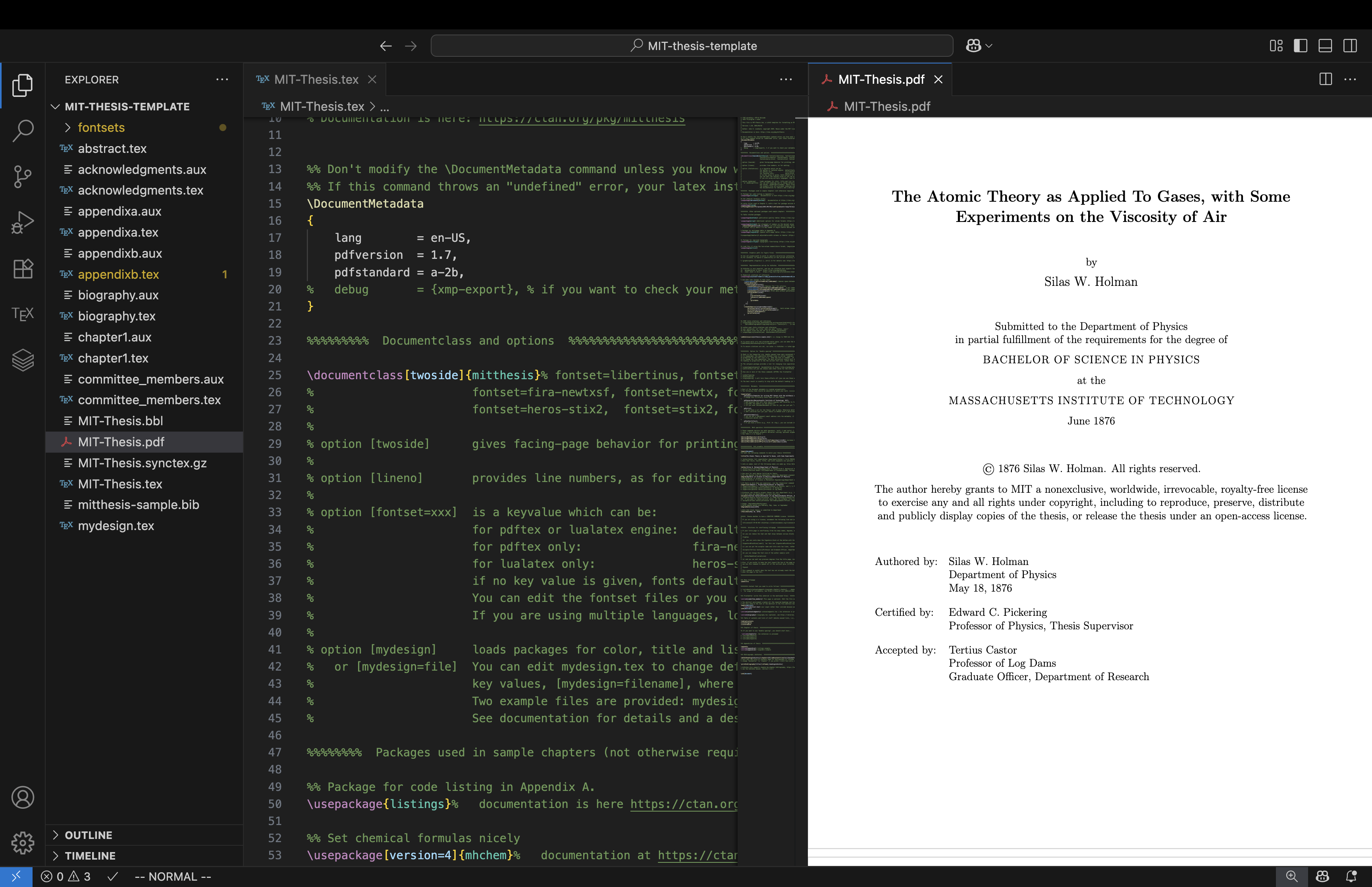 Default MIT-Thesis compiled with resulting PDF displayed