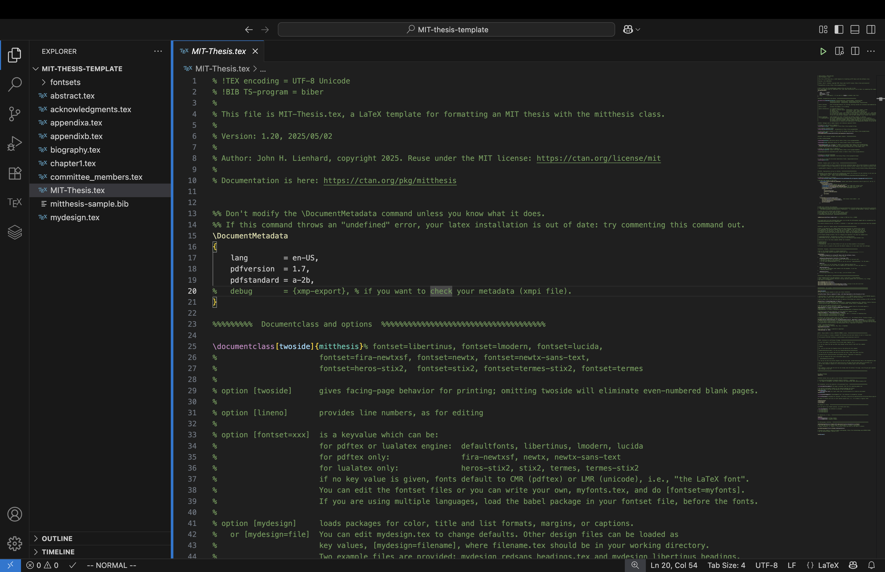 MIT-thesis-template folder opened in VS Code